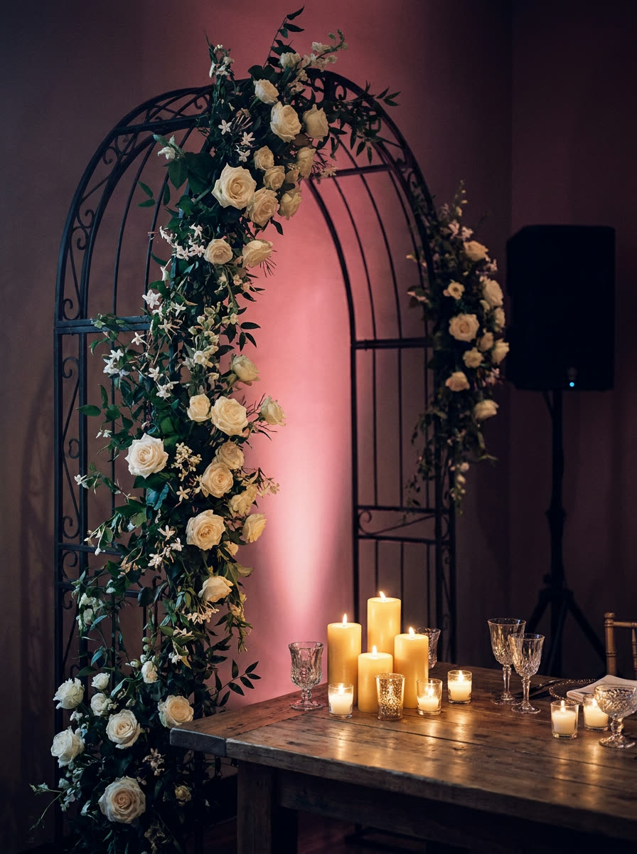 Bright wedding ceremony space with white florals and a discreet speaker