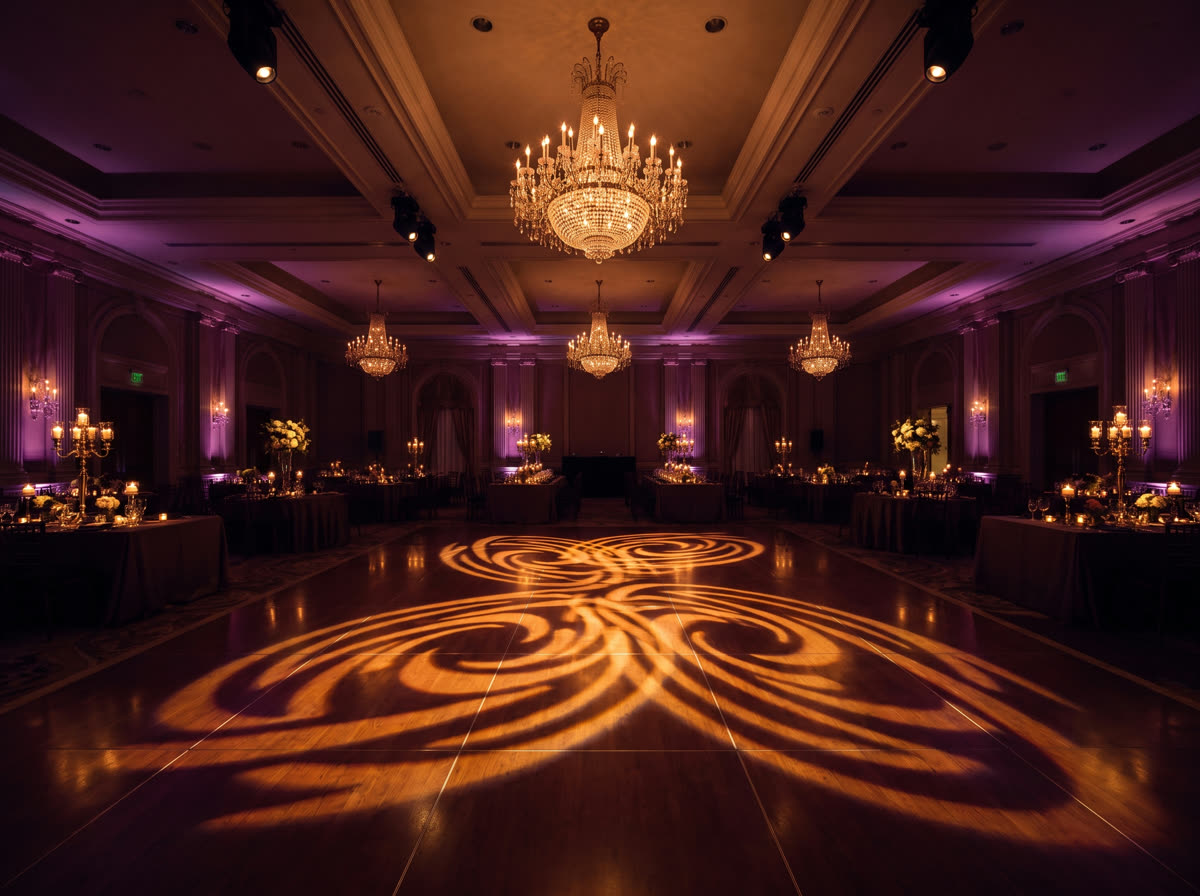 Grand ballroom with gold uplighting and a monogram projected onto the dance floor